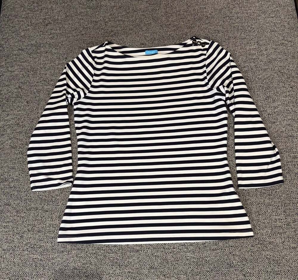 J.McLaughlin Boat Neck Striped Top Size XS Black White Shoulder Buttons